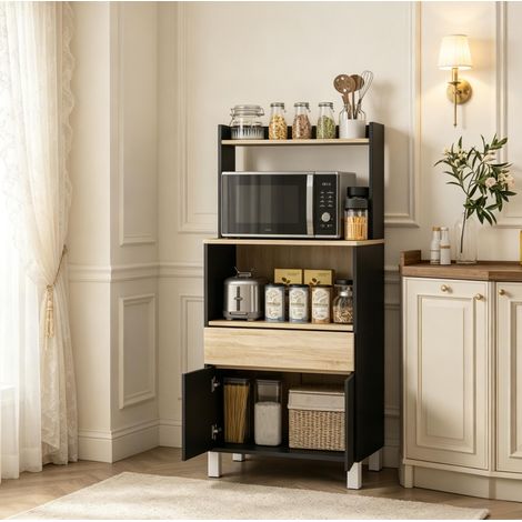 Mobile per microonde 60/40/131 cm nero con cassetto, anta e ripiano superiore (1/5)