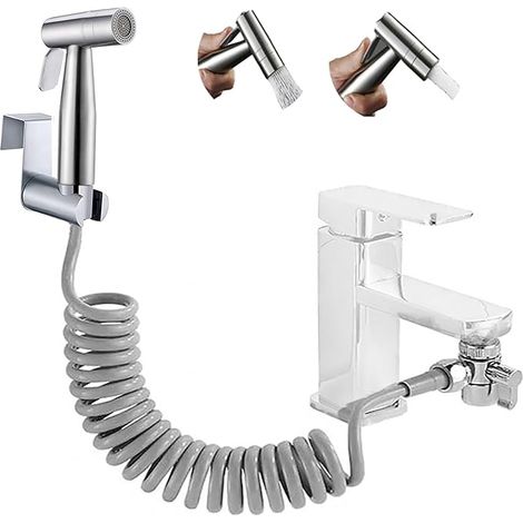 Rociador de bidé portátil de doble función con boquilla de acero inoxidable para rociar pañales de bebé, incluye grifo dispensador, manguera y soporte de pared. (1/5)