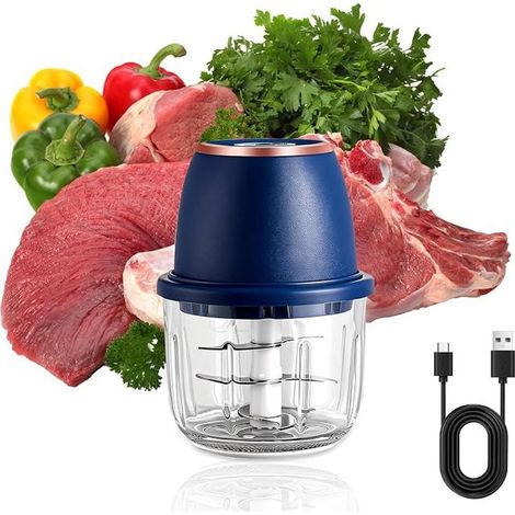 Manual Chopper, Electric Chopper, Stainless Steel Blades, with Type-C Charging Cable for Home Cooking and Camping (1/5)