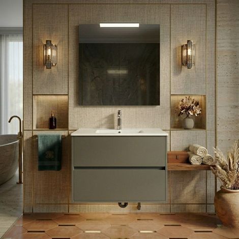 Mobile bagno sospeso 90x45 cm grigio opaco con 2 cassetti e lavabo incluso – Soria