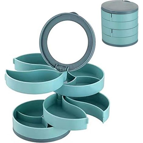 Boîte à bijoux ronde rotative à 360 degrés, mallette de rangement, organisateur d'anneaux à 4 couches, support de Bracelets avec couvercle miroir (1/5)