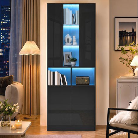 Hohe Vitrine mit LED-Beleuchtung, Acrylfenster, 70 x 35 x 180 cm, schwarz HAVRYA (1/5)