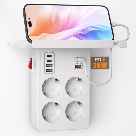 Multiprise Murale avec Interrupteur, Prise Multiple USB PD20W Charge Rapide  Multiprise 4 Prises 6 USB Port,Adaptateur Electrique avec Support de Téléphone,Prise Rotative,Pour Salon Appartement,Blanc (1/5)
