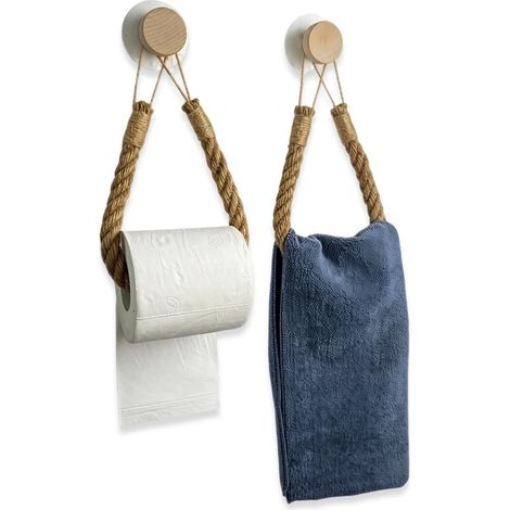 2 Pcs Porte Papier Toilette Mural en Bois et Corde de Chanvre, Dérouleur Papier Toilette Vintage sans Perçage pour Salle de Bain, Support Papier Toilette Rustique et Déco WC Naturelle (1/5)