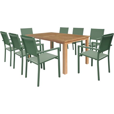 Set di mobili da giardino in teak JAVA con sedie in alluminio verde salvia - 8 posti a sedere (1/5)