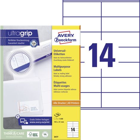 Universaletikett ultragrip 105 x 41 mm (B x H) nicht wieder ablösbar Papier weiß 1.400 Etik./Pack. (1/5)