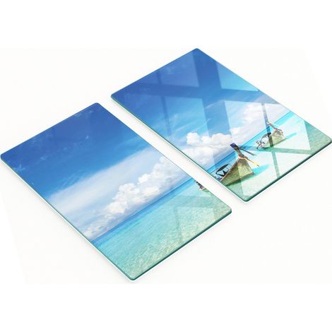 Tablas decorativas de vidrio para cortar y servir con dise帽o de barcos de playa, 2x30x52 cm.