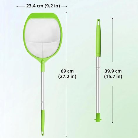 KGC Épuisette de Surface avec Manche Réglable 69 CM – Filet à Mailles Ultra Fines à Longueur Réglable pour Piscine, Étang et Spa, Idéal pour Bassins Autoportants et Compatible avec Bestway, Vert (1/4)