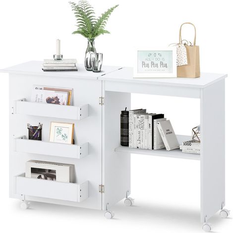 Folding Sewing Table, 2-in-1 Mobile Craft Table with Storage Shelves and Lockable Rolling Casters, Space Saving Sewing Machine Cabinet Computer Desk White (1/5)