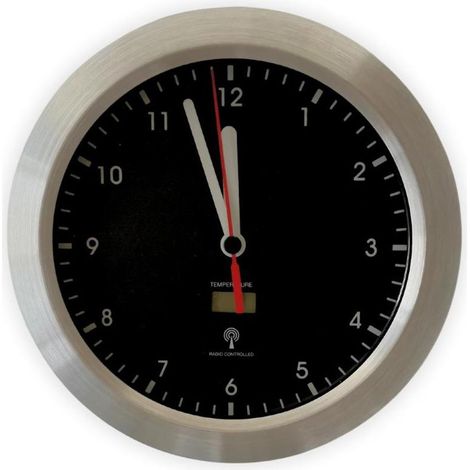 Réveil radio-piloté pour salle de bain avec affichage de la température, cadre argenté et affichage noir, horloge murale à ventouses