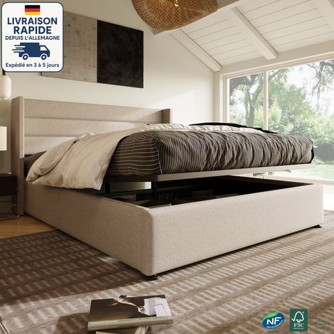 Lits coffre 140x200cm lits doubles pour adultes/enfants, hydrauliques, lin, sans matelas, beige (1/5)