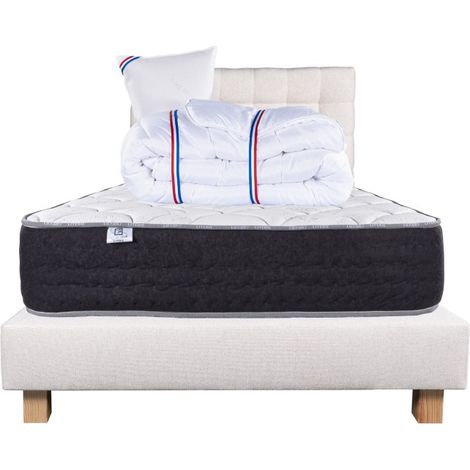 Ensemble Matelas Serenite, 27 cm, ressorts ensachés, ferme, face été/hiver+sommier beige ep20cm+oreiller+couette+Tête de Lit, 90x190cm (1/5)