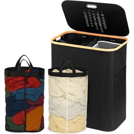 Panier à linge 2 compartiments - 141 L - Grand format - Avec sacs amovibles et couvercle - Matériau résistant - Noir - Bac à linge (1/5)