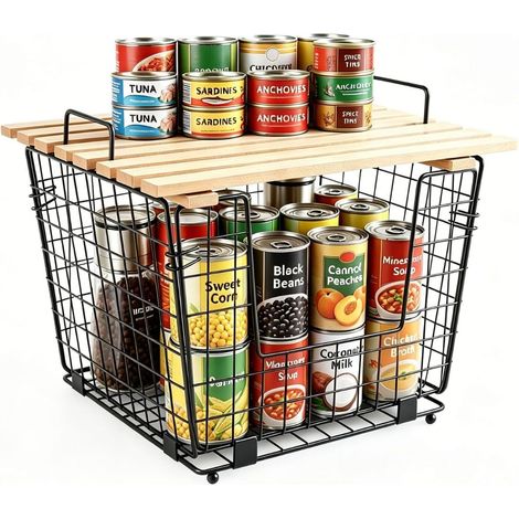 Panier Fruits et Légumes Empilable, Panier Rangement Cuisine avec Plateau Bois, Corbeille Métal Pliante pour Plan de Travail, Placard, Garde-Manger, Épices, Oignons, Pommes de Terre, Snacks (1/5)