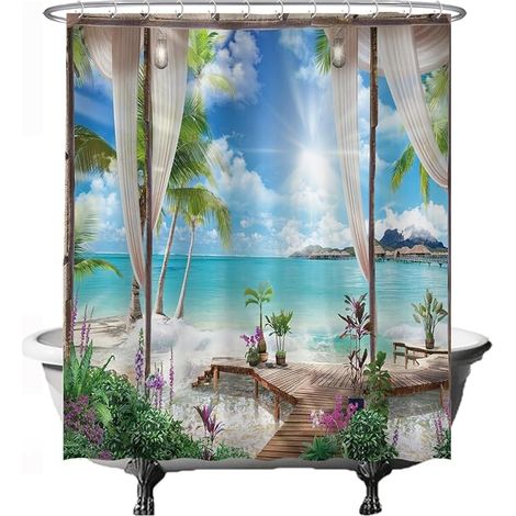 Filiyano-Rideau de douche, motif plage et mer, nature, 180 x 200 cm, lavable, anti-moisissure, avec 12 anneaux, bleu, blanc, vert (1/5)
