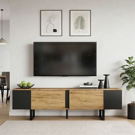 Meuble TV bas 180x40x55cm console salon 2 placards espaces rangement ouvert support TV pour téléviseur 75 pouces - bois et noir (1/5)