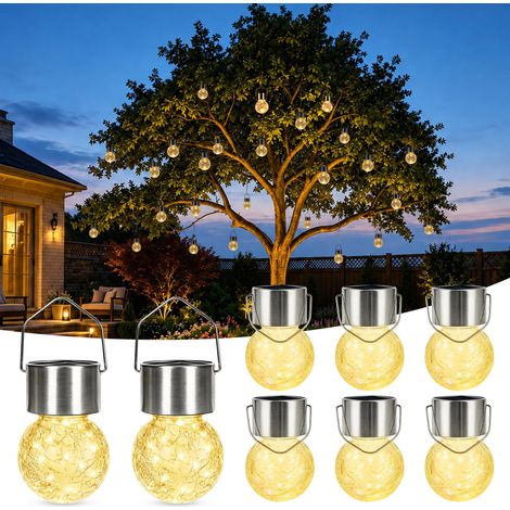 Lot de 8 lampes solaires d'extérieur à suspendre pour décoration, lampes solaires en verre craquelé, étanches pour jardin, cour, clôture, arbre (blanc chaud) (1/5)