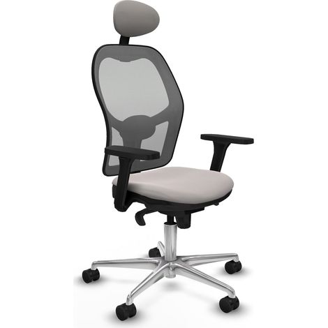 Jorquera sincro malla gris similpiel blanco brazos 3D base aluminio cabecero fijo ruedas 65mm nailon (1/5)