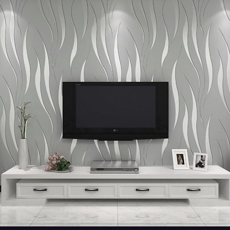 Rouleau de papier peint non-tissé en relief moderne et minimaliste, motif de plantes aquatiques en 3D pour le salon, la chambre à coucher, argenté et gris (0,53×10m) (1/4)