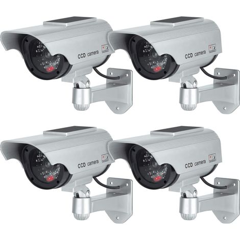 (4 Pack, Argent) Caméras factices avec Panneau Solaire, Fausse de Sécurité Caméra CCTV avec LED Lumière pour Usage Intérieur Extérieur