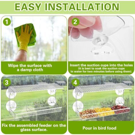 Comederos para pájaros de ventana, comedero para pájaros de exterior con potentes ventosas, comedero transparente para pájaros de exterior, comedero para pájaros de jardín de 28 x 10 x 14,5 cm. (1/4)