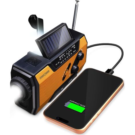 Radio Portable d'urgence Météo avec Batterie de 2.000mAh - Batterie Rechargeable par Panneau Solaire, Manivelle, Piles ou USB - AM/FM, Lampe Torche LED, SOS - Recharge Votre Téléphone (1/5)