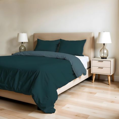 Housse de Couette Double, Uni Doubleface, Parure de Couette, avec Housse de Couette 250x200cm avec Rabat 50cm + 2 taies d'oreiller 50x80cm PÉTROLE/Sauge (1/5)