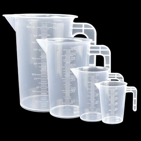 Gobelets Doseurs Transparents Verre Mesureur Plastique avec Poignée Verre Doseur Cuisine Godet Gradué Peinture avec 1 Entonnoir pour Laboratoires Restaurant (50ml 100ml 250ml 500ml) (1/5)