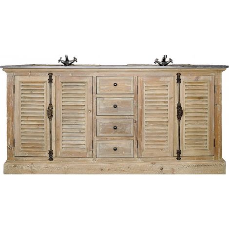Hellin – Meuble double vasque en bois recyclé et pierre – 4 portes persiennes avec fermetures crémones – 4 tiroirs – Dimensions H86 x L177 x P60 cm (1/5)