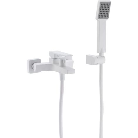 IMEX Miscelador para banera y ducha con cuerpo de latón tubo flexible metálico 180 cm soporte ABS manija cuadrada cartucho cerámico 35 mm acabado blanco opaco - Modelo Art Imex-BDAR025-4BL