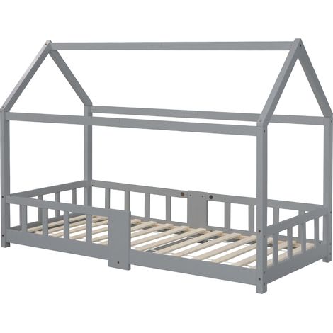 Hausbett 90×200 cm, Einzelbett mit Rausfallschutz und Tafel, ohne Matratze, aus Massivholz, Grau (1/5)