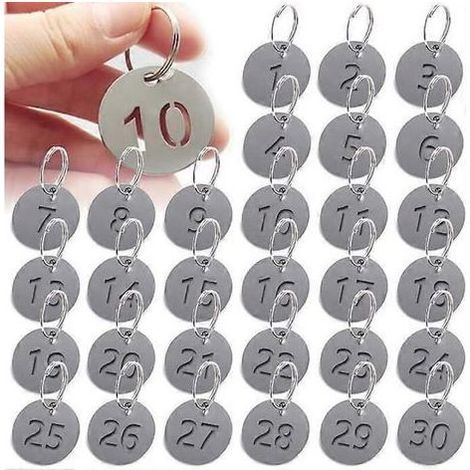 Etichette numerate da 1 a 30. Etichette rotonde numerate con portachiavi. Etichette numerate in acciaio inox per chiavi, appendiabiti, armadietti, bar, spa e hotel. (1/5)