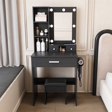 Petit Coiffeuse avec Miroir LED - 60x131,5x38cm - 3 Modes d'Éclairage Prise Intégrée Support Sèche-Cheveux et Tabouret - Noir (1/5)