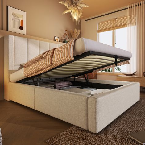Lit coffre - lit 90x200 cm - porte-gobelet, station de chargement, sommier - lin beige - sans matelas
