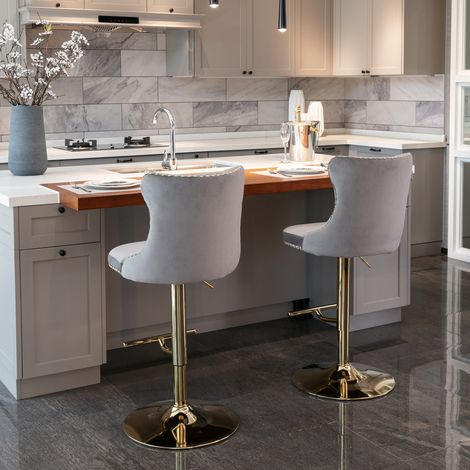 Lot de 2 tabourets de bar pivotants en velours gris, hauteur réglable, dossier capitonné (1/5)