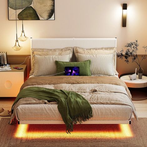 Bed Frame 120 x 200 cm with Headboard Visual Effect Floating Bed with LED Lighting Charging Station Double Bed for Teens White (1/5)