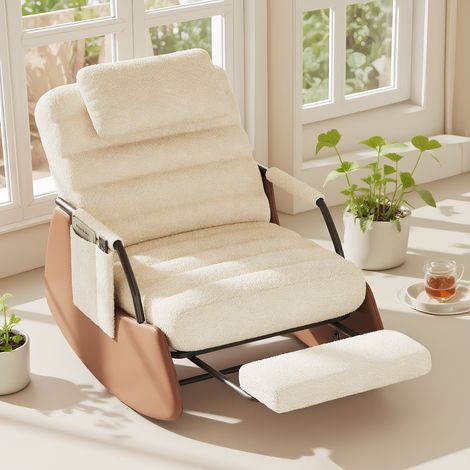 Schaukelstuhl, Stillsessel mit ausziehbarer Fußstütze, Schaukelsessel mit Lammfell-Polsterung, Relaxsessel mit Holzkufen und Armlehne, für Wohnzimmer, Garten und Terrasse, Beige (1/5)