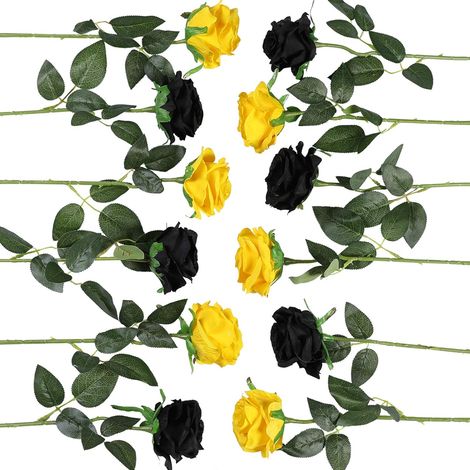 12 Pièces Roses Artificielles Bouquet de Fleurs Faux Soie Fleurs Home Wedding Party Decor(Noir, Jaune) (1/4)