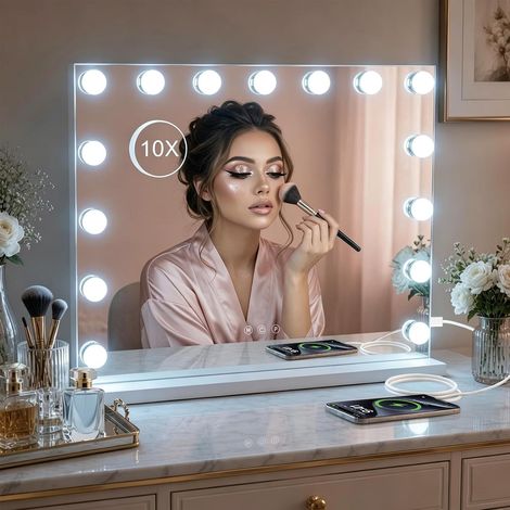Miroir Coiffeuse de Maquillage 58×46 cm, LED 15 Lampes Super HD Makeup Vanity Mirror Hollywood avec Grossissement ×10, 3 Couleurs de Lumière Intensité Réglable Port USB–pour Femmes et Filles (1/5)