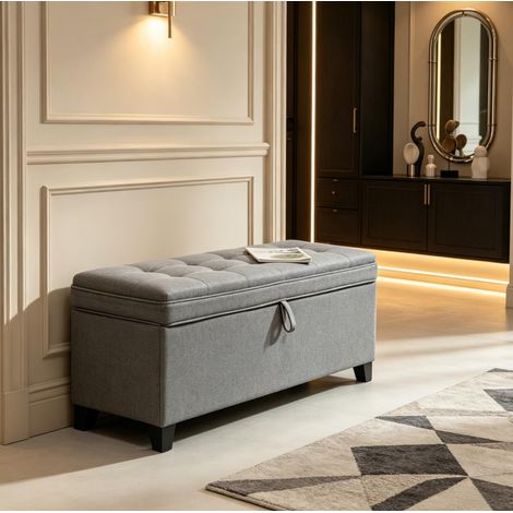 Panca contenitore 120 x 40 x 48 cm in lino grigio, 112 L, seduta capitonné - CHICFURN (1/5)