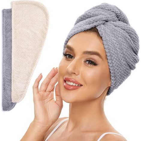 2 bonnets pour cheveux - bonnet pour sèche-cheveux - serviettes - serviette - serviette pour sèche-cheveux - polaire corail - gris/marron clair (1/5)