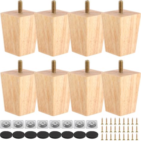 Lot de 8 pieds de meubles en bois de chêne massif de 6 cm avec plaques de montage, vis et patins en feutre pour meubles, lit, canapé (1/5)