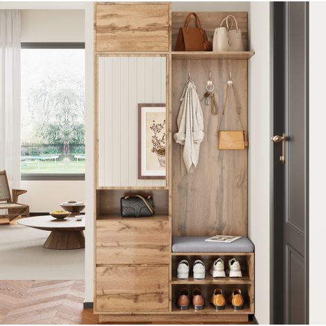 Vestiaire d'entrée 90x34.5x190 cm naturel en MDF avec miroir, banc et rangement à chaussures (1/5)