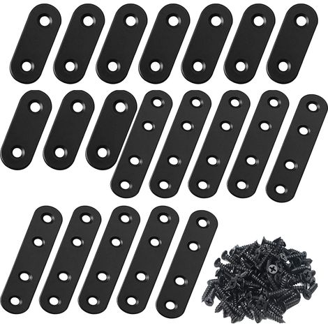 Lot de 20 connecteurs plats en acier inoxydable noir - 45 mm/75 mm - Connecteur en bois - Plaque perforée en métal - Fer plat perforé avec vis pour fixation de chaises en bois, étagères, planches (1/5)