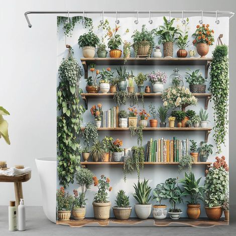 Plantes Vertes Rideaux de Douche 150x200cm Fleur sur étagère Rideaux de Bain avec Crochets,Moderne Extra Longue Imperméable Polyester Anti Moule Salle de Bain Décor (1/4)