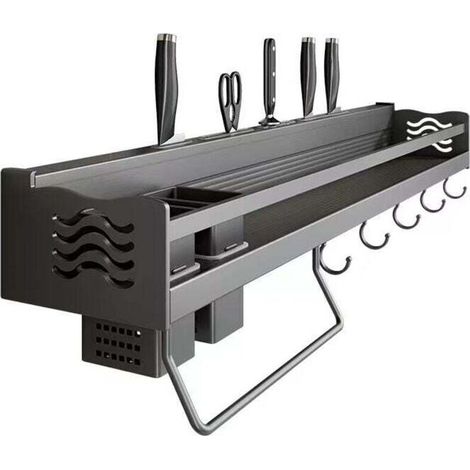 Spice Rack, Wall-Mounted Kitchen Shelf, No Drilling Required, Spice Holder with 6 Removable Hooks, Can Hold Spices, Hang Spatulas, Spoons and Other Kitchen Utensils (1/4)
