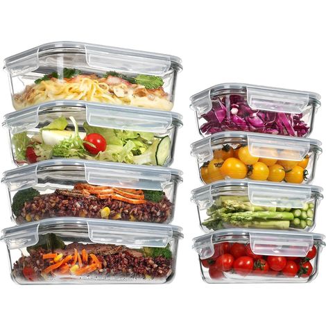 Lot de 8 Lunch Box Verre Couvercle, 997ML & 355ML Boite Alimentaire Verre Sans BPA, Boite Conservation Empilable, Meal Prep Containers Résistant Chaleur, Congélateur (1/5)