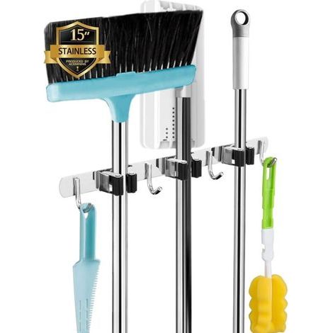 Wandmontierter Besenhalter, 3 Halterungen + 4 Haken, Wandmontierter Besenhalter, Wandmontierter Besenhalter ohne Bohren, Besenaufbewahrung, Wandmontierter Besenclip (1/5)