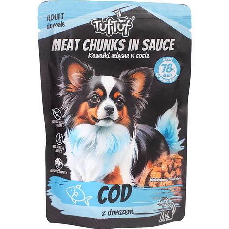 Comida húmeda para perros TufTuf Bacalao, bolsa de 100 g, trozos de carne seca (1/2)