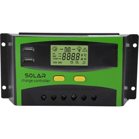 12V/24V PWM Solar Controller, Intelligent Solar Panel Battery Regulator with Dual USB Ports and LCD Screen for Home Garden (30A) (1/5)